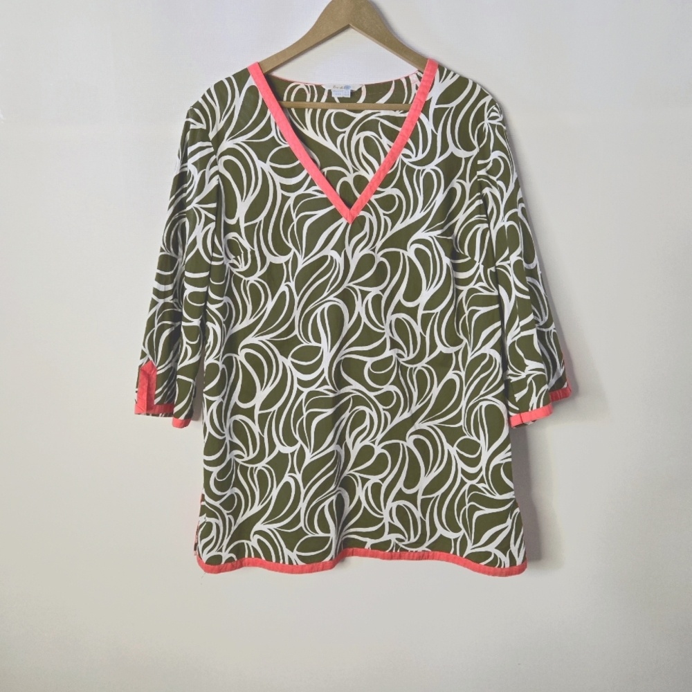 BODEN US Size 14 Women's Olive Green & Coral V-Neck Patterned Tunic or Cover-up